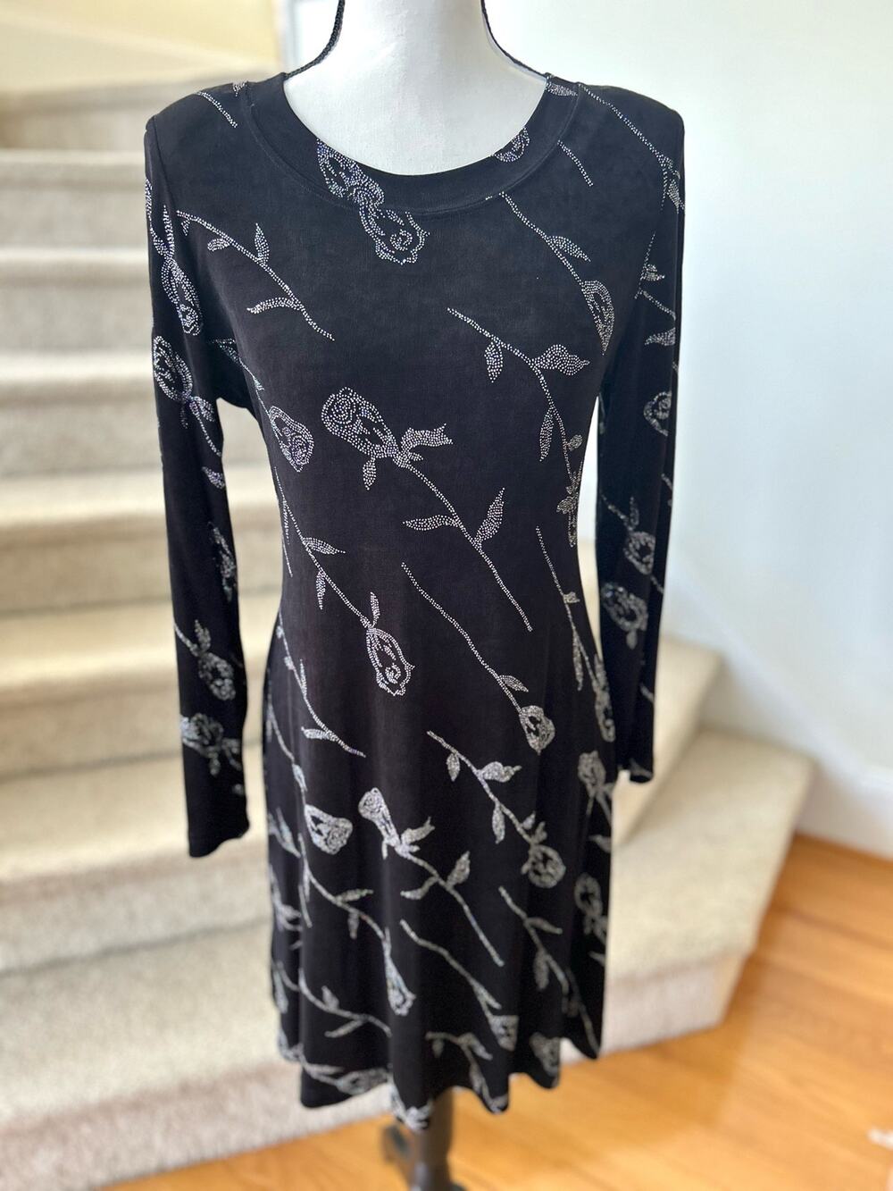 Vintage Y2K 90s Ronni Nicole Black Ribbed Sparkly Glitter Silver Rose Dress